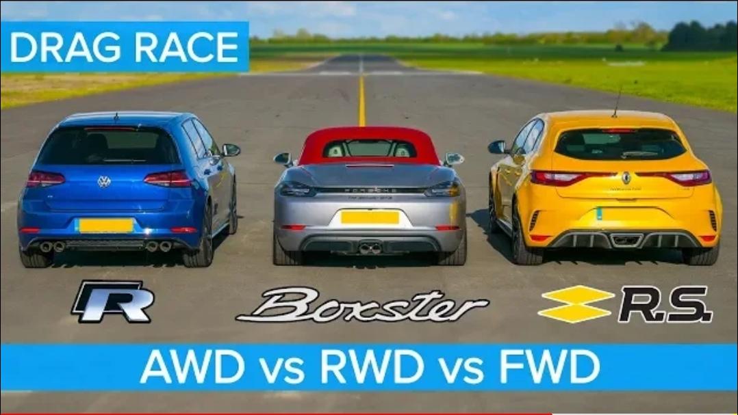 AWD vs RWD vs FWD DRAG RACE Golf R vs Boxster vs Megane Trophy.