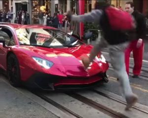Guy Jumps out of nowhere on this Lamborghini Aventador, owner got MAD!