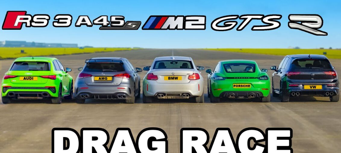 Audi RS3 vs AMG A45 vs BMW M2 vs Porsche Cayman GTS vs VW Golf R: DRAG RACE