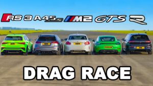 Audi RS3 vs AMG A45 vs BMW M2 vs Porsche Cayman GTS vs VW Golf R: DRAG RACE