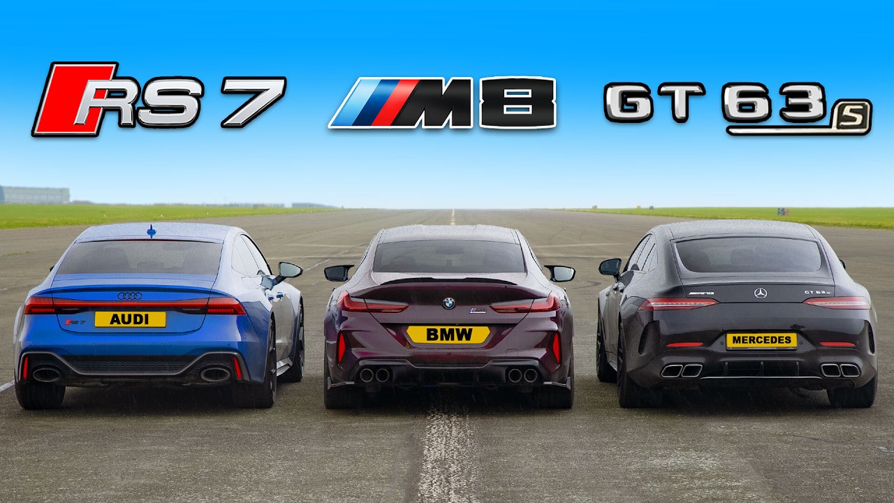 Audi RS7 v BMW M8 v AMG GT 4-Door: DRAG RACE - Turbo and Stance