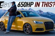 Modified Audi S1 Sportback with 650HP parked on the road showcasing aggressive stance and performance upgrades.