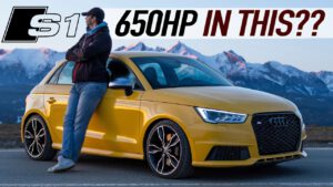 Modified Audi S1 Sportback with 650HP parked on the road showcasing aggressive stance and performance upgrades.