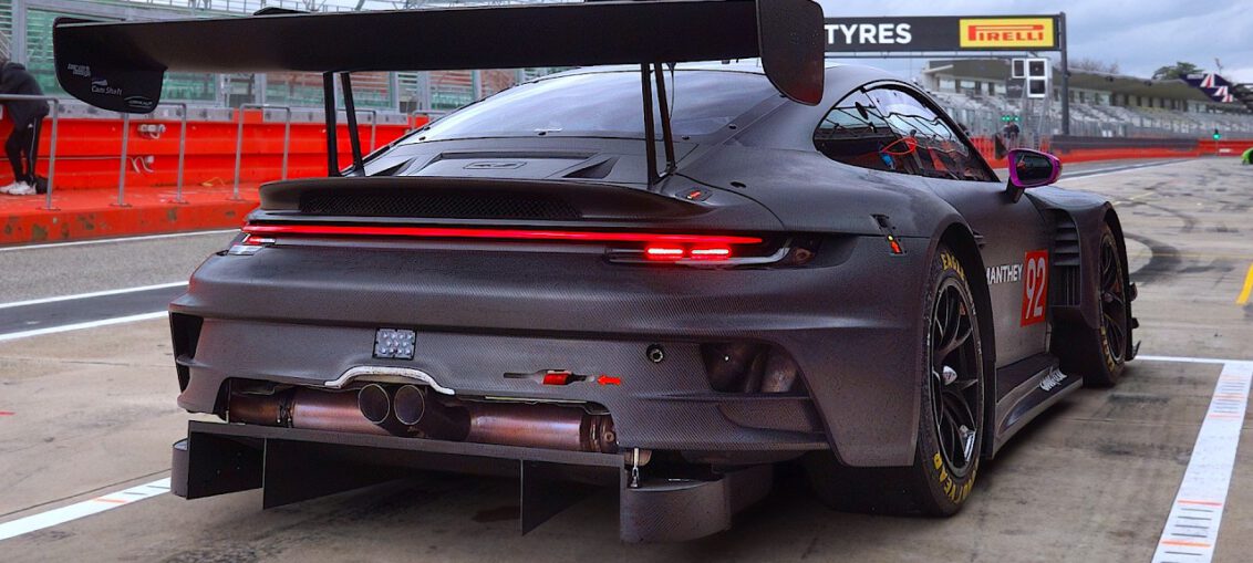 Porsche 992 GT3 R exhaust comparison featuring OEM, straight-pipe and ultra-muffled race setups.