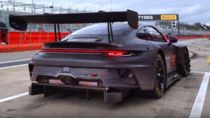 Porsche 992 GT3 R exhaust comparison featuring OEM, straight-pipe and ultra-muffled race setups.