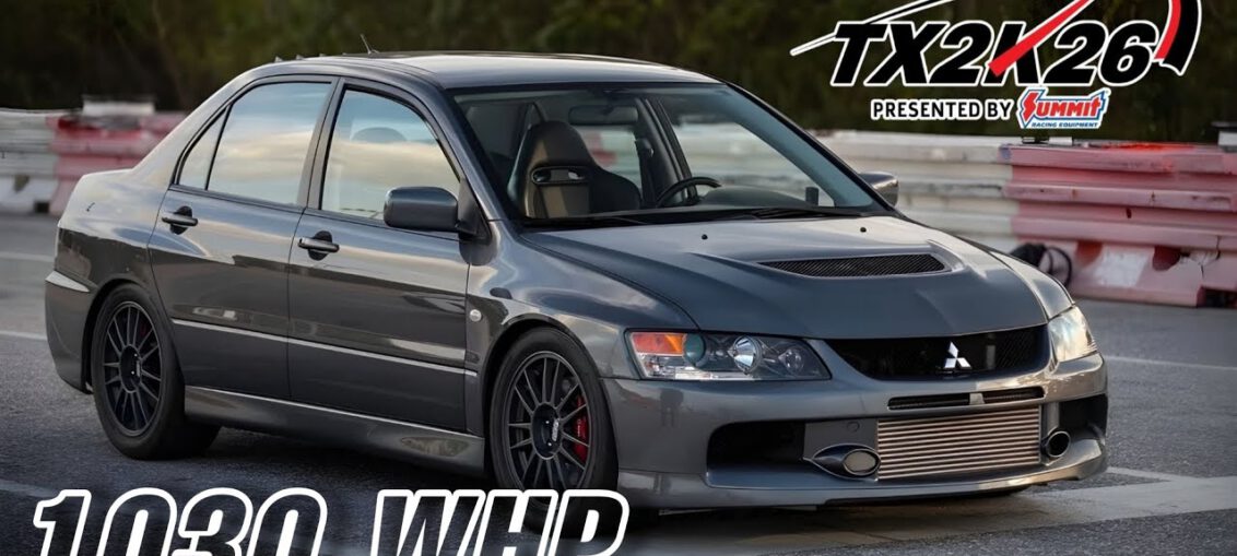 1030WHP Mitsubishi Evo IX MR performing high-speed roll racing pull at TX2K26 event