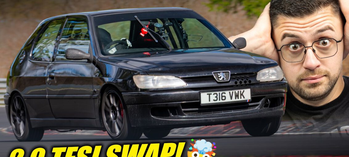 Peugeot 306 GTI with 2.0 TFSI engine swap driving on the Nürburgring during a test lap