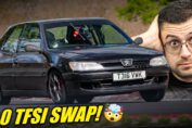 Peugeot 306 GTI with 2.0 TFSI engine swap driving on the Nürburgring during a test lap