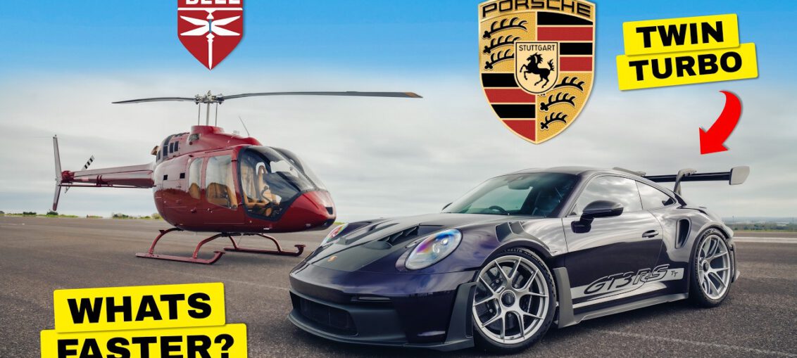 Twin-turbo Porsche 911 GT3 RS racing a Bell 505 Jet Ranger X helicopter in a high-speed car versus aircraft battle on a runway.