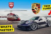 Twin-turbo Porsche 911 GT3 RS racing a Bell 505 Jet Ranger X helicopter in a high-speed car versus aircraft battle on a runway.