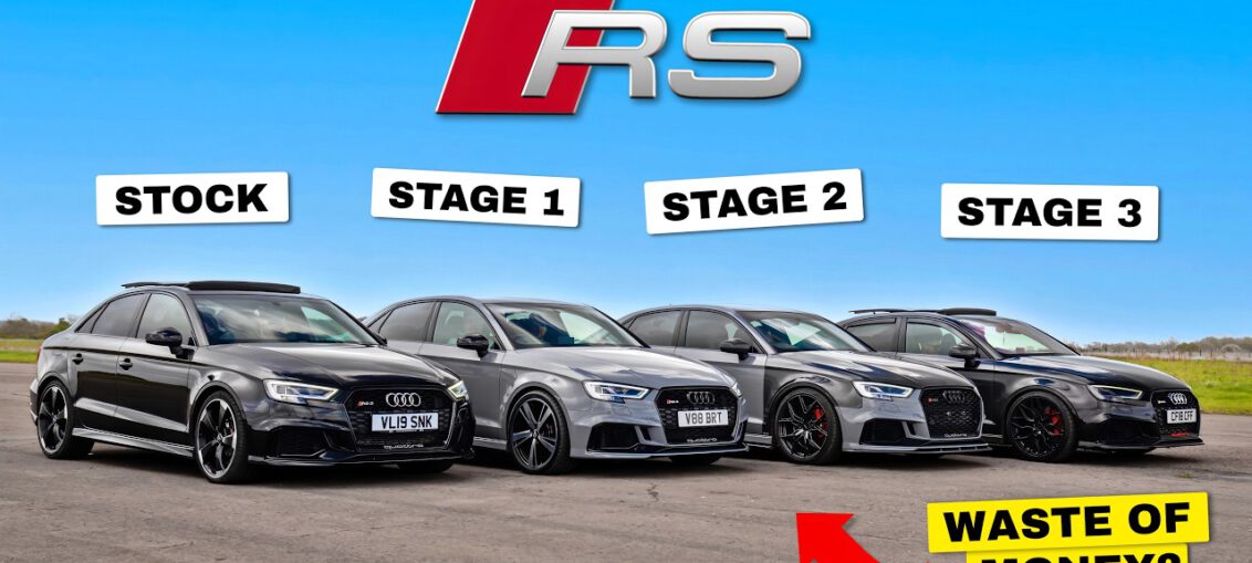 Audi RS3 tuning stages comparison drag race showing stock, Stage 1, Stage 2 and Stage 3 RS3 accelerating side by side
