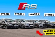 Audi RS3 tuning stages comparison drag race showing stock, Stage 1, Stage 2 and Stage 3 RS3 accelerating side by side