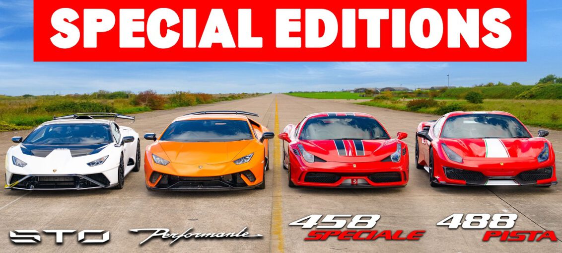 Ferrari and Lamborghini supercars lined up for a drag race featuring Ferrari 488 Pista, 458 Speciale and Lamborghini Huracan STO and Performante.