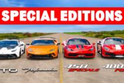 Ferrari and Lamborghini supercars lined up for a drag race featuring Ferrari 488 Pista, 458 Speciale and Lamborghini Huracan STO and Performante.