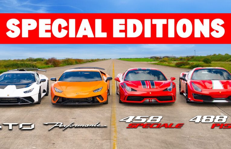 Ferrari and Lamborghini supercars lined up for a drag race featuring Ferrari 488 Pista, 458 Speciale and Lamborghini Huracan STO and Performante.
