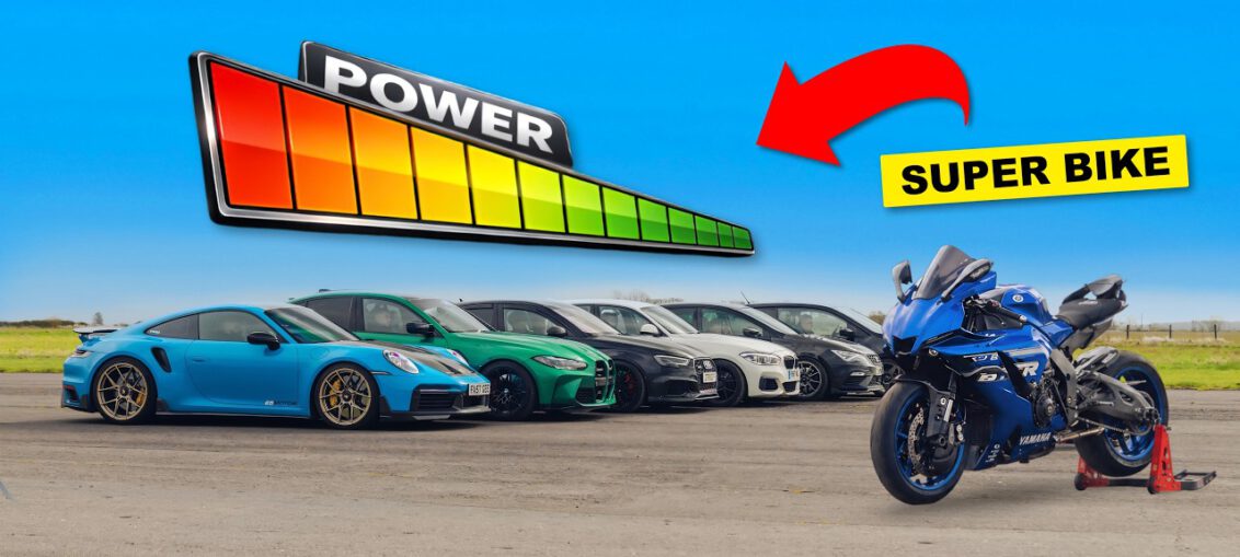 Tuned Yamaha R1 superbike drag racing progressively faster modified cars on a quarter mile strip.