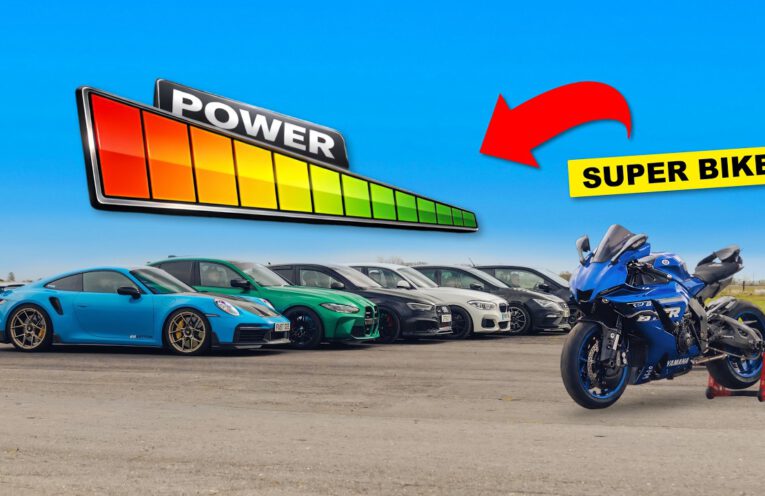 Tuned Yamaha R1 superbike drag racing progressively faster modified cars on a quarter mile strip.