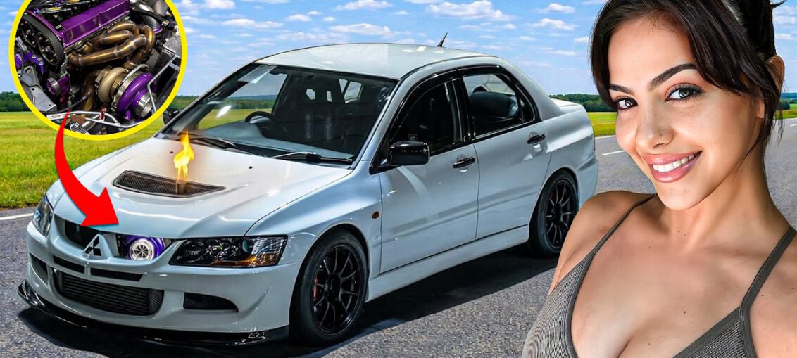 Modified Mitsubishi Evo owned by female car builder in Los Angeles performing high boost launch