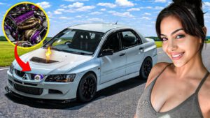 Modified Mitsubishi Evo owned by female car builder in Los Angeles performing high boost launch