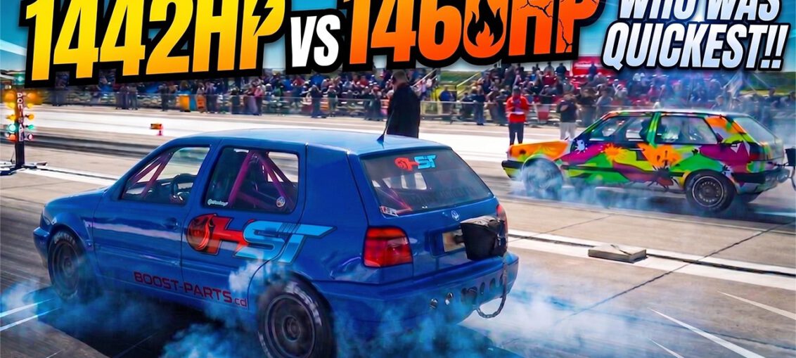 Two 1400+HP HST-tuned Volkswagen Golf drag cars launching side by side during RoDrag Racing in Romania.
