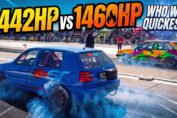 Two 1400+HP HST-tuned Volkswagen Golf drag cars launching side by side during RoDrag Racing in Romania.