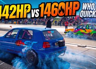 Two 1400+HP HST-tuned Volkswagen Golf drag cars launching side by side during RoDrag Racing in Romania.