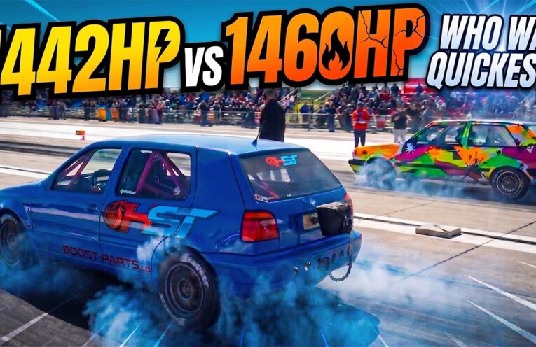 Two 1400+HP HST-tuned Volkswagen Golf drag cars launching side by side during RoDrag Racing in Romania.