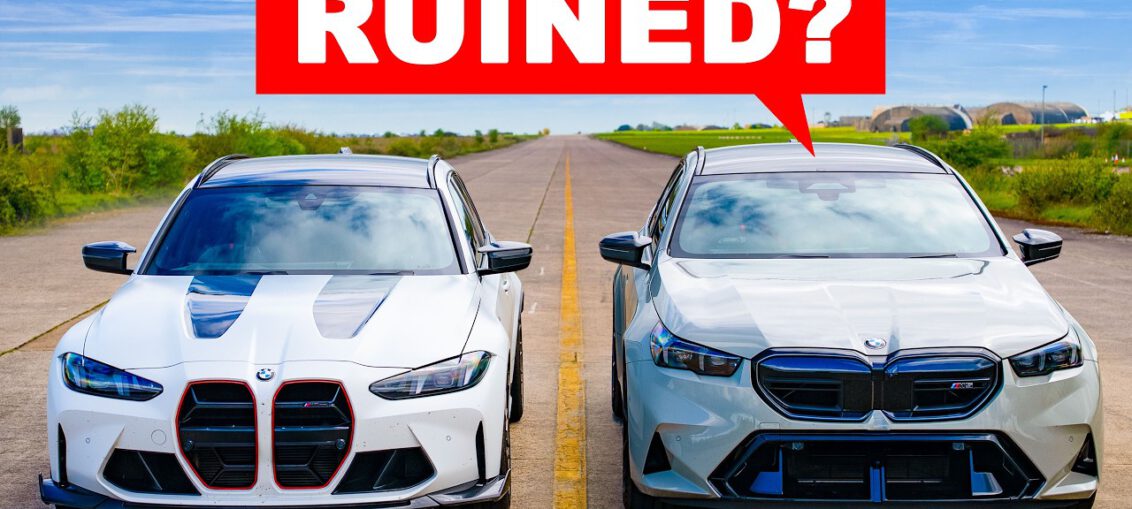 BMW M3 CS Touring and BMW M5 Touring lined up side by side on an airstrip before a drag race comparison, with “Ruined?” text above the cars.