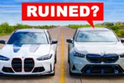 BMW M3 CS Touring and BMW M5 Touring lined up side by side on an airstrip before a drag race comparison, with “Ruined?” text above the cars.