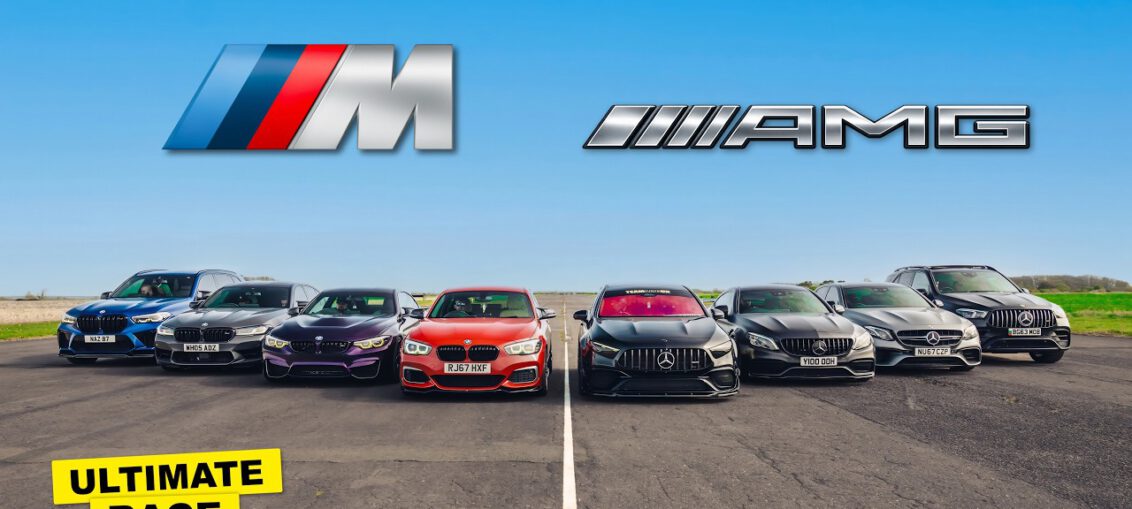 Mercedes AMG and BMW M Power performance cars competing in drag race showdown featuring tuned German vehicles