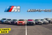 Mercedes AMG and BMW M Power performance cars competing in drag race showdown featuring tuned German vehicles