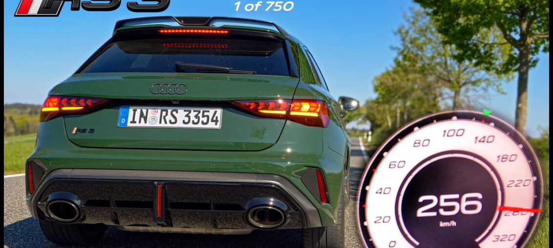 POV driving footage of a 2026 Audi RS3 Competition Limited accelerating aggressively on the German Autobahn, featuring loud turbocharged engine sounds, rapid gear shifts, and high-speed 0–100 and 100–200 km/h pulls.