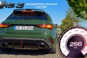POV driving footage of a 2026 Audi RS3 Competition Limited accelerating aggressively on the German Autobahn, featuring loud turbocharged engine sounds, rapid gear shifts, and high-speed 0–100 and 100–200 km/h pulls.