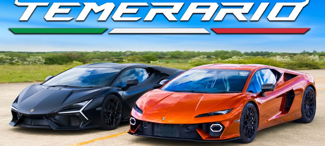 Lamborghini Temerario and Lamborghini Revuelto lined up for a drag race comparison showcasing Lamborghini’s newest hybrid supercars.