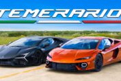 Lamborghini Temerario and Lamborghini Revuelto lined up for a drag race comparison showcasing Lamborghini’s newest hybrid supercars.