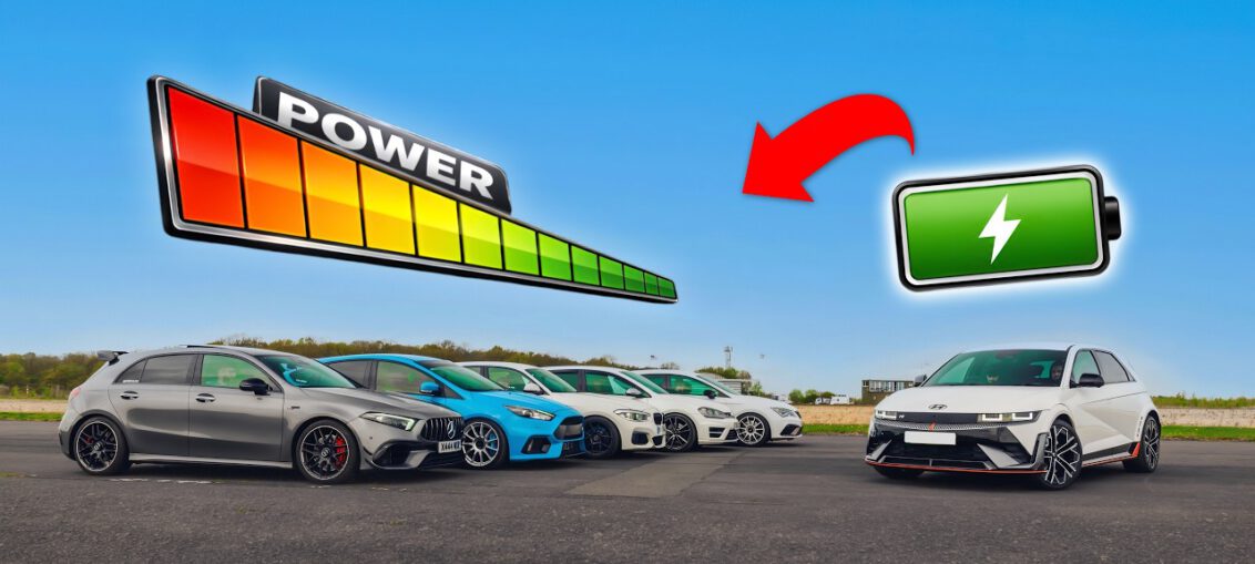 Hyundai Ioniq 5 N racing against tuned hot hatch cars including BMW M140i, Mercedes-AMG A45 S and VW Golf R during a drag race comparison