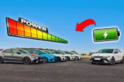 Hyundai Ioniq 5 N racing against tuned hot hatch cars including BMW M140i, Mercedes-AMG A45 S and VW Golf R during a drag race comparison