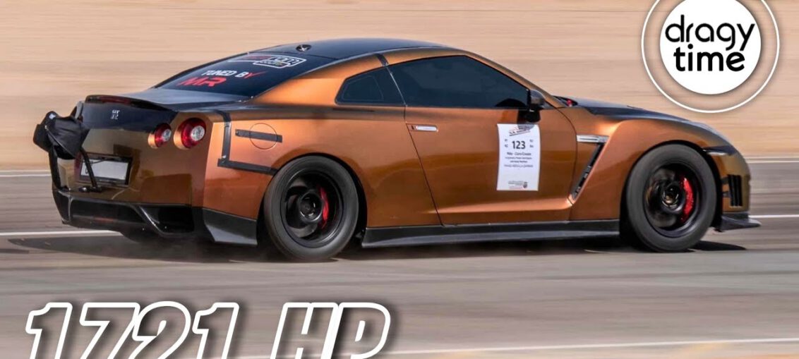 Nissan GT-R R35 1721HP twin turbo accelerating at high speed on Autobahn