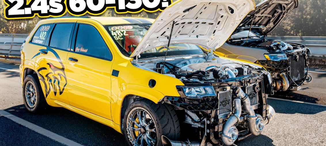 2200HP twin turbo Jeep Trackhawk accelerating during street racing showcasing the world’s fastest high performance SUV build