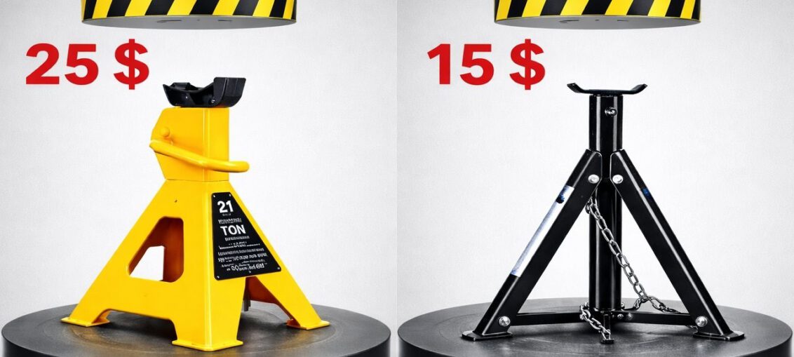 Hydraulic press crushing USA and China car stands during extreme durability and strength comparison test