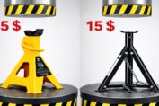Hydraulic press crushing USA and China car stands during extreme durability and strength comparison test
