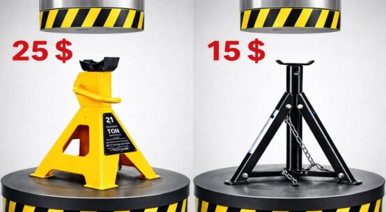 Hydraulic press crushing USA and China car stands during extreme durability and strength comparison test