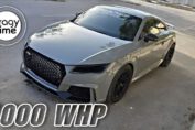 Modified Audi TT RS 8S producing 1000 wheel horsepower accelerating hard during high-speed Autobahn performance run.