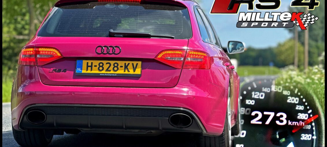 Audi RS4 B8 V8 accelerating on the Autobahn with Milltek exhaust producing high-rev 8,250 RPM engine sound
