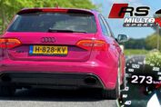 Audi RS4 B8 V8 accelerating on the Autobahn with Milltek exhaust producing high-rev 8,250 RPM engine sound
