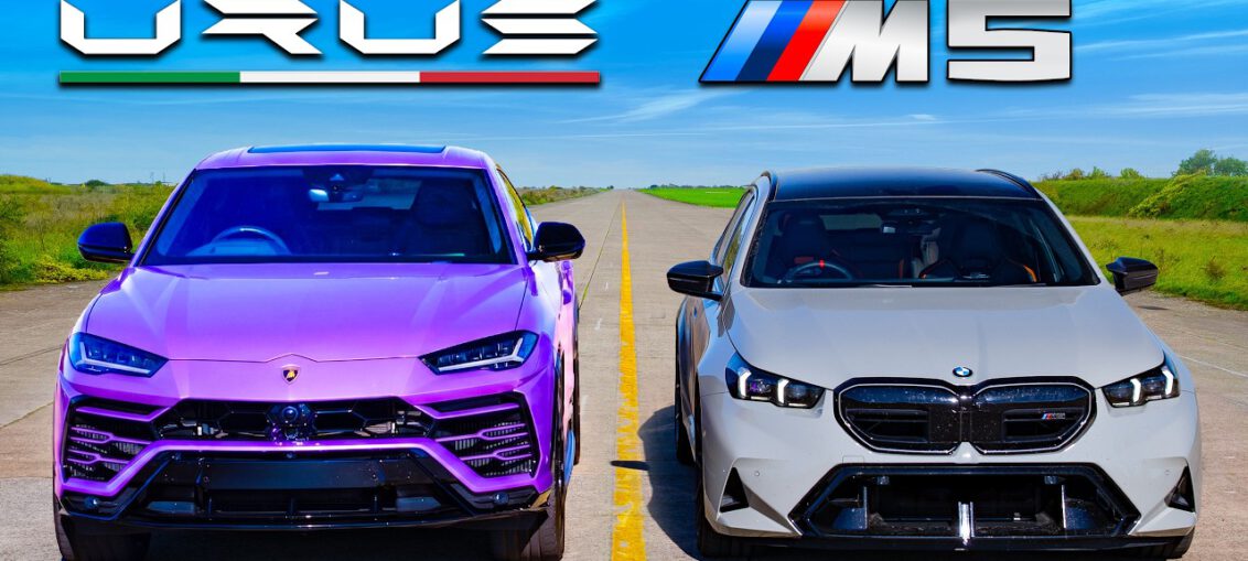 BMW M5 Touring racing Lamborghini Urus during quarter-mile drag race