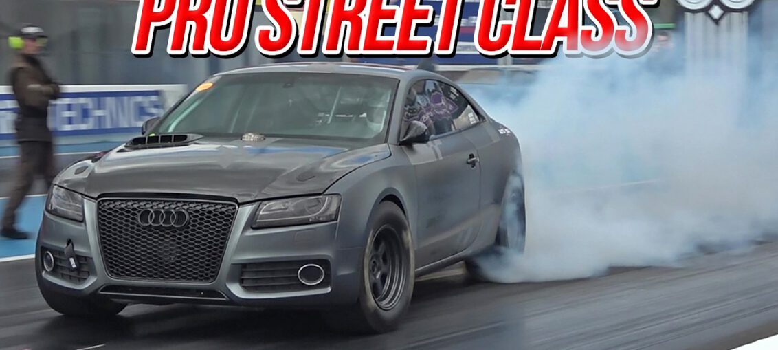 Pro Street drag racing cars launching at Doorslammers 2026 during qualifying and elimination rounds at Santa Pod Raceway.