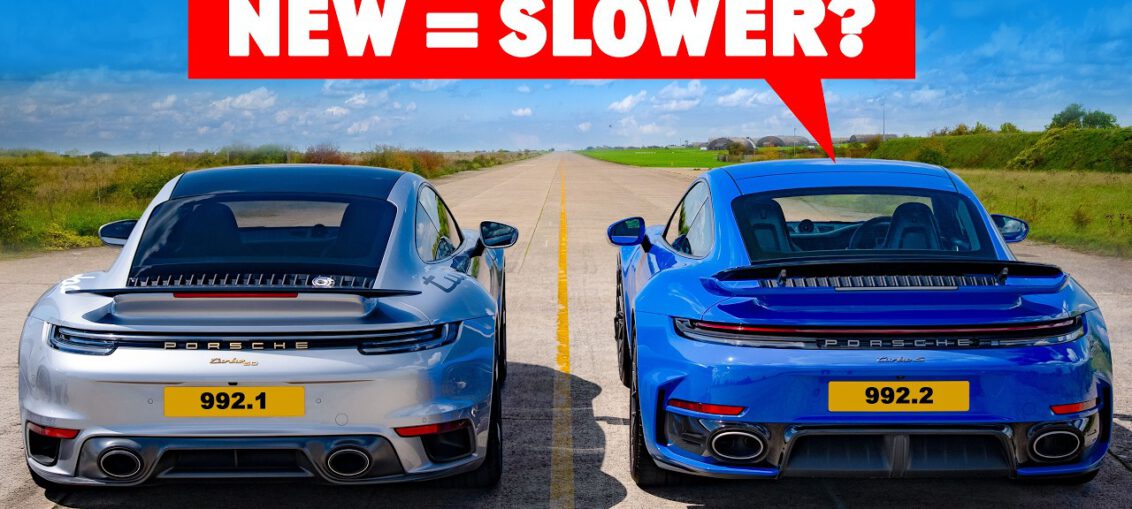 Porsche 911 Turbo generations lined up for a drag race including the 930 Turbo, 964 Turbo S, 993 Turbo, and 992.2 Turbo S Hybrid.
