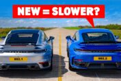 Porsche 911 Turbo generations lined up for a drag race including the 930 Turbo, 964 Turbo S, 993 Turbo, and 992.2 Turbo S Hybrid.
