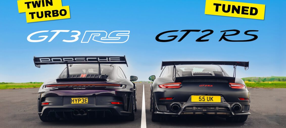 Twin-turbo Porsche 992 GT3 RS racing a tuned Porsche 991 GT2 RS during a high-performance drag race showdown.